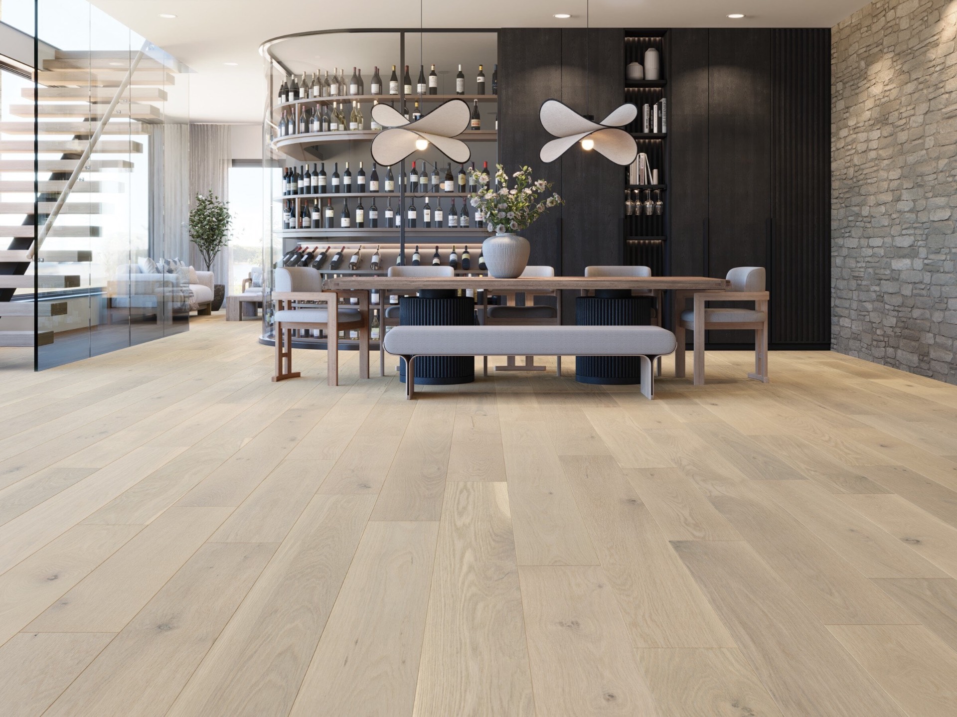 Wide-plank hardwood in modern dining room