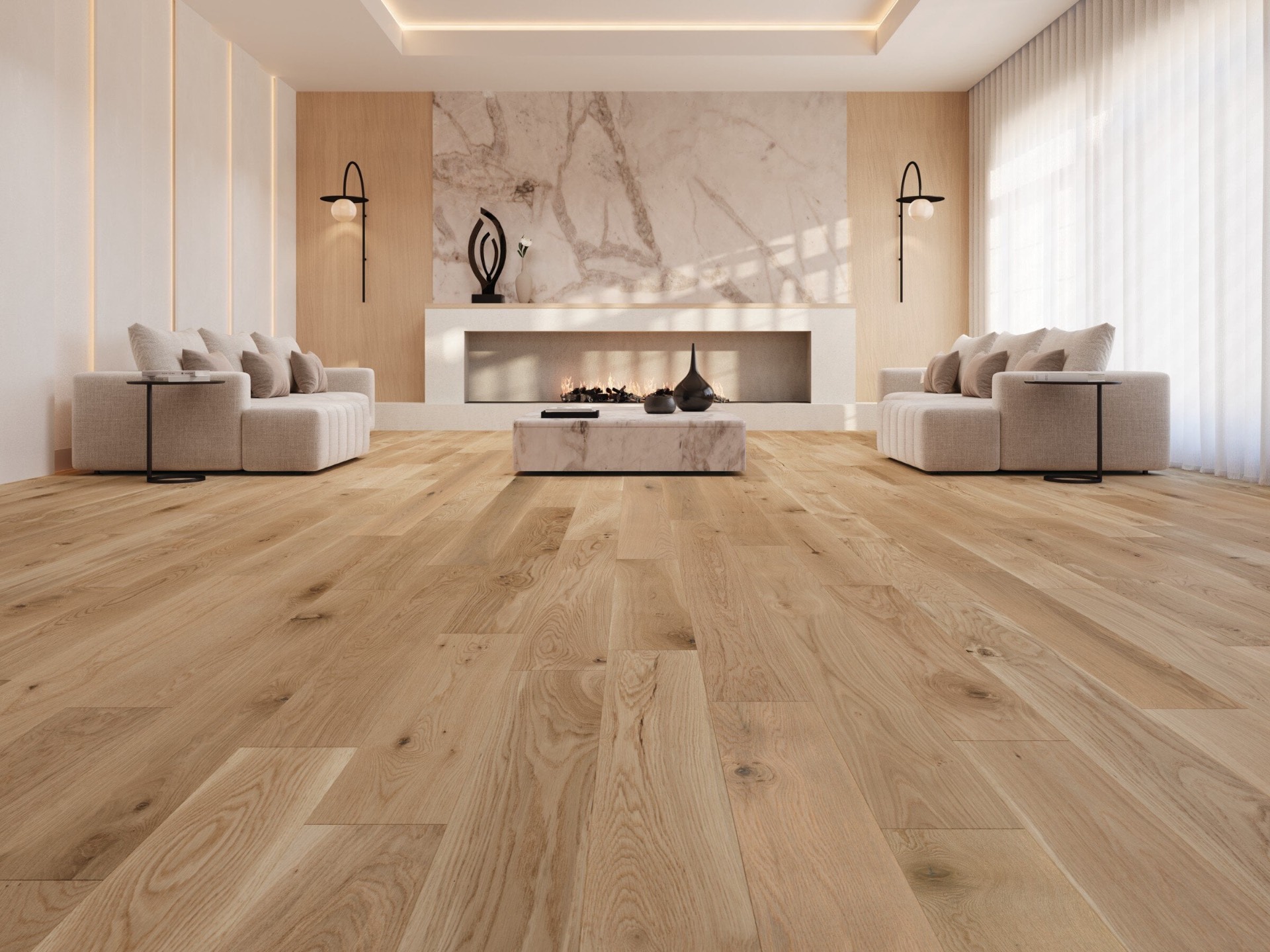 Hardwood in luxe lounge with fireplace